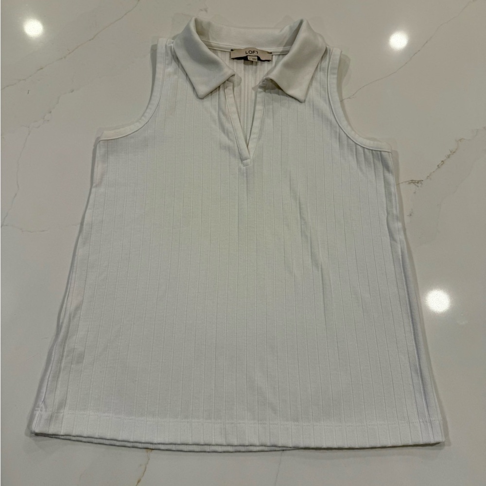 LOFT Ribbed Collared Tank Top White - Picture 2 of 7